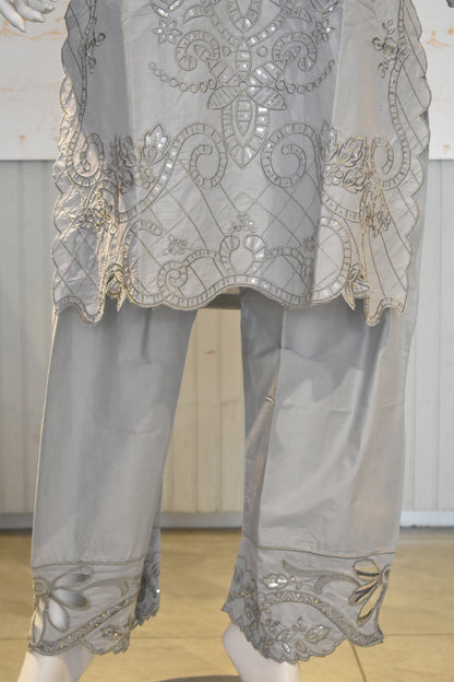 Elegant Dove Grey Embroidered 3-Piece Cotton Suit with Mirror Work Detailing