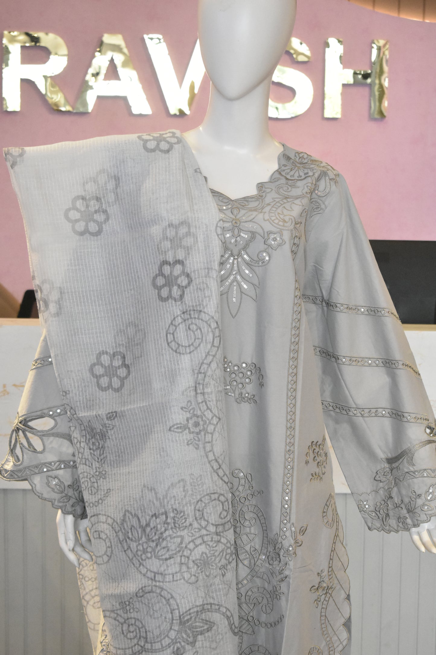 Elegant Dove Grey Embroidered 3-Piece Cotton Suit with Mirror Work Detailing