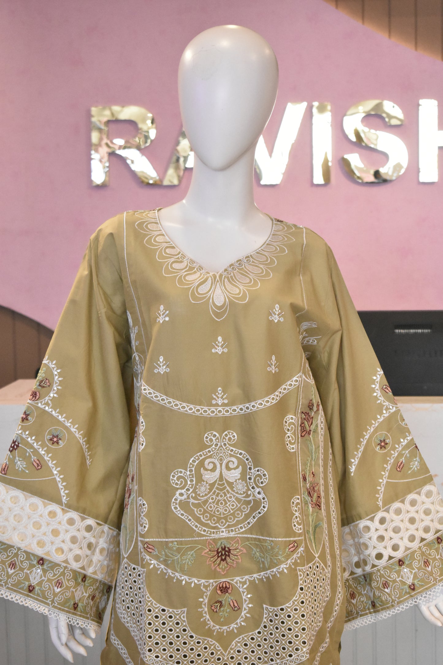 Exquisite Olive Green Embroidered 3-Piece Cotton Suit with Cutwork Detailing