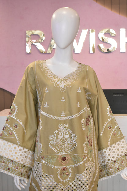 Exquisite Olive Green Embroidered 3-Piece Cotton Suit with Cutwork Detailing