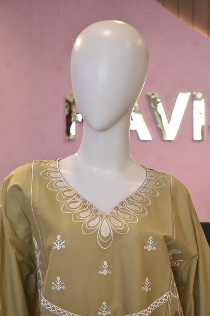 Exquisite Olive Green Embroidered 3-Piece Cotton Suit with Cutwork Detailing