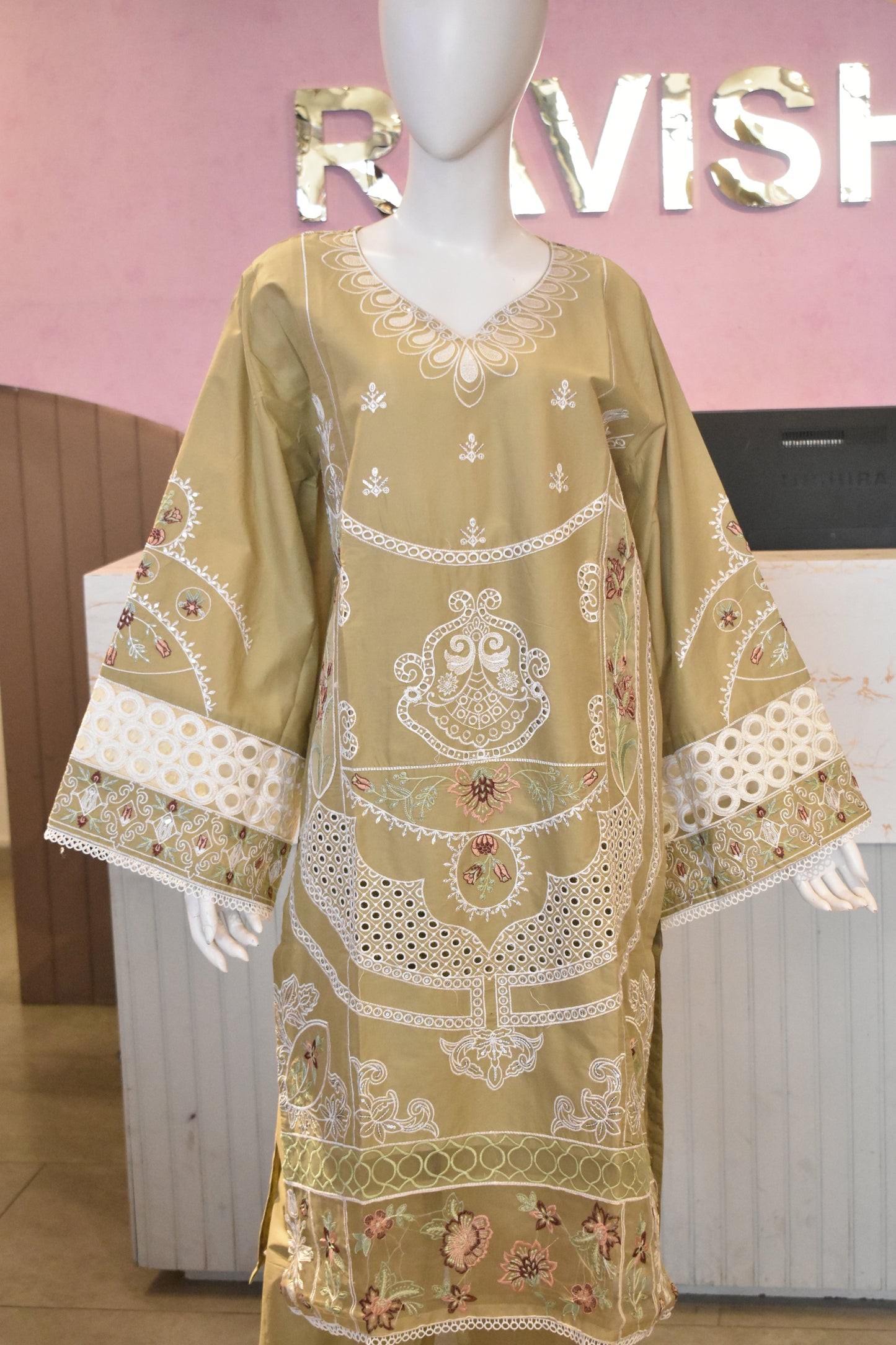 Exquisite Olive Green Embroidered 3-Piece Cotton Suit with Cutwork Detailing