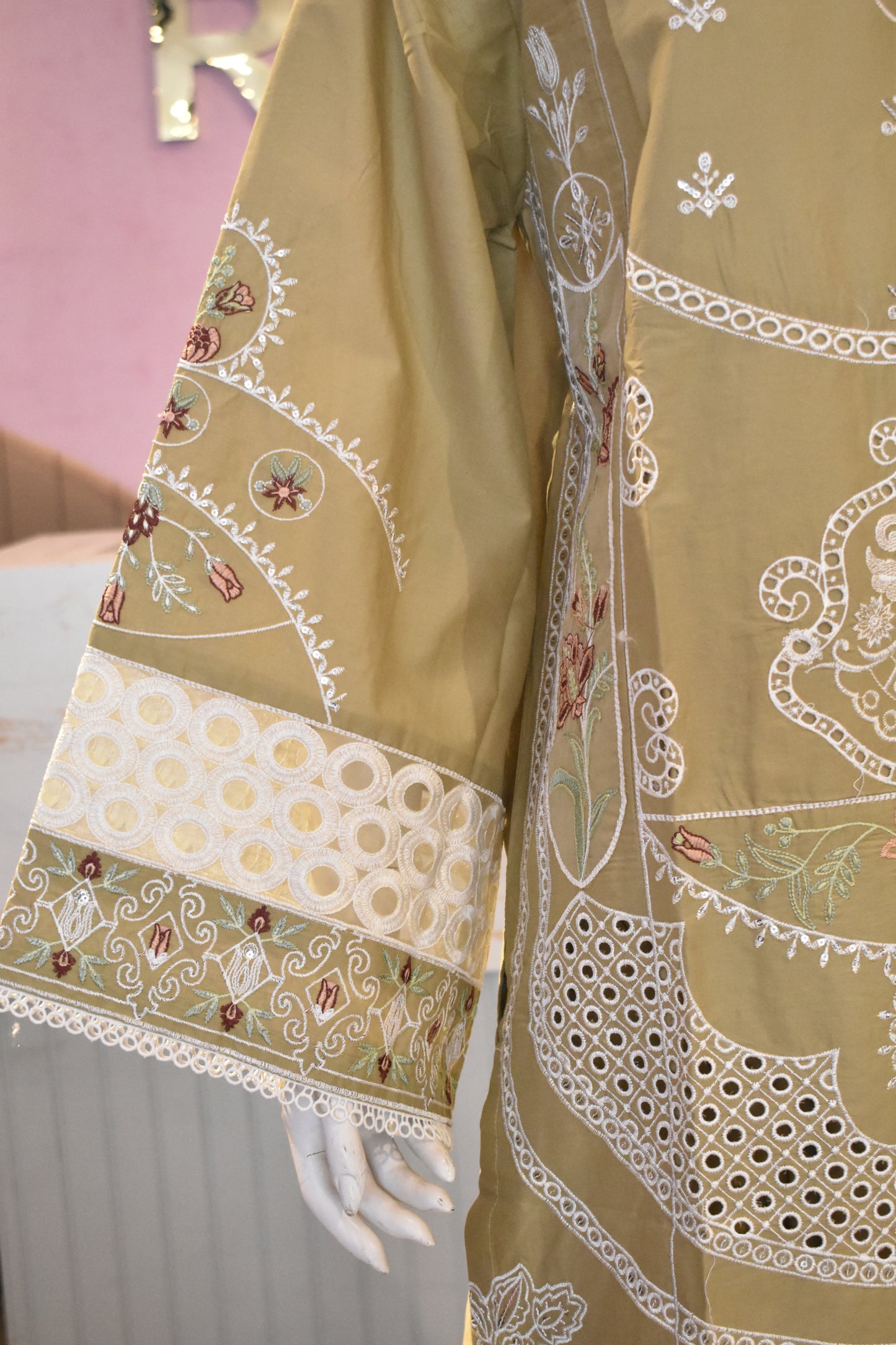 Exquisite Olive Green Embroidered 3-Piece Cotton Suit with Cutwork Detailing