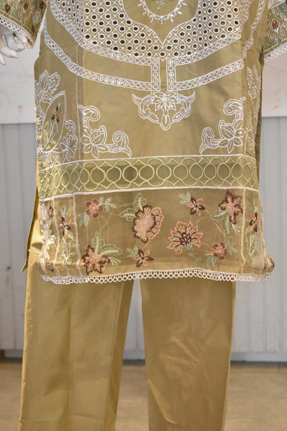 Exquisite Olive Green Embroidered 3-Piece Cotton Suit with Cutwork Detailing