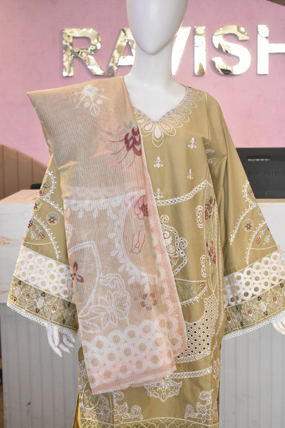 Exquisite Olive Green Embroidered 3-Piece Cotton Suit with Cutwork Detailing