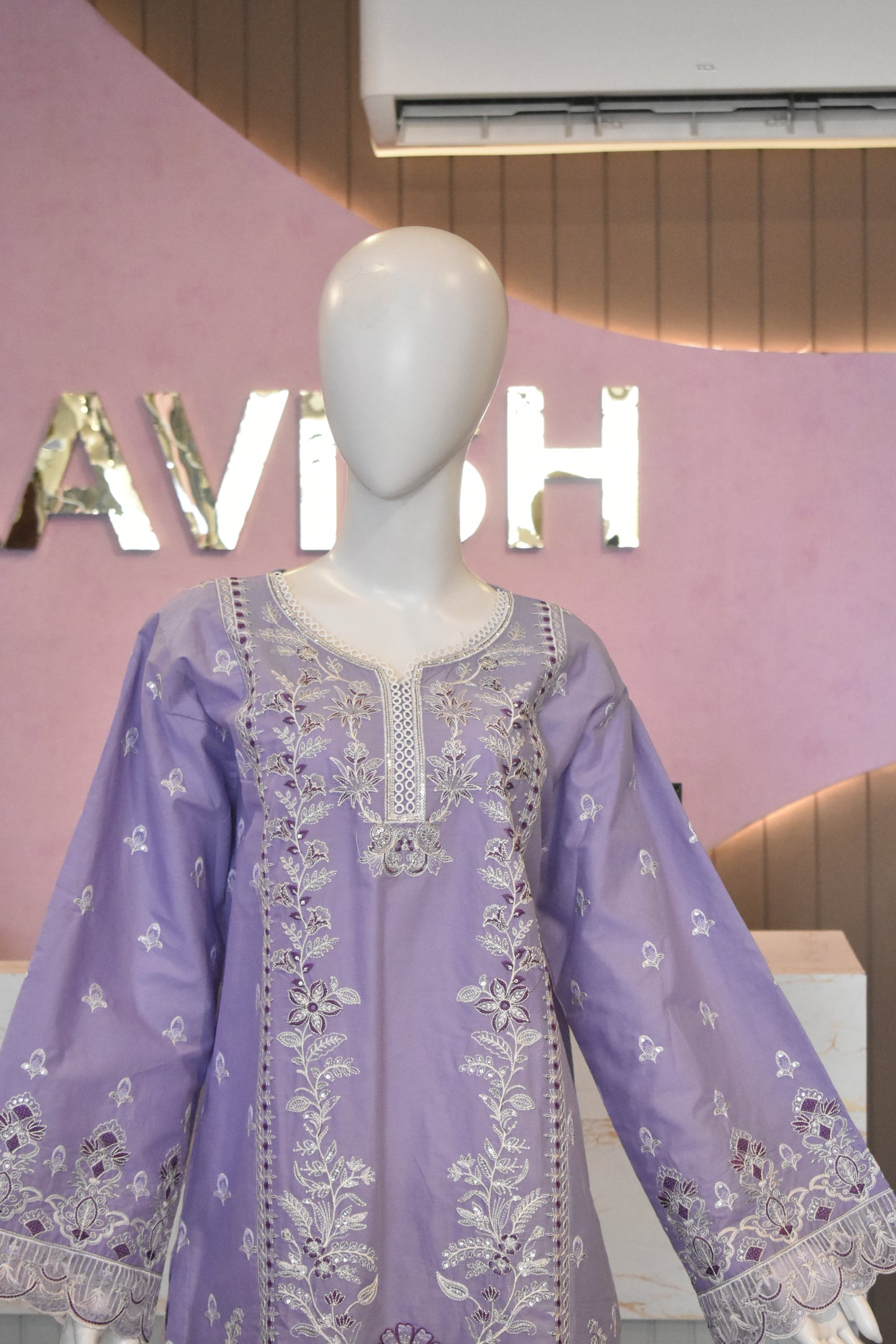 Charming Lilac Lavender Embroidered Cotton Suit with Delicate Lace Detailing
