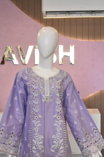 Charming Lilac Lavender Embroidered Cotton Suit with Delicate Lace Detailing