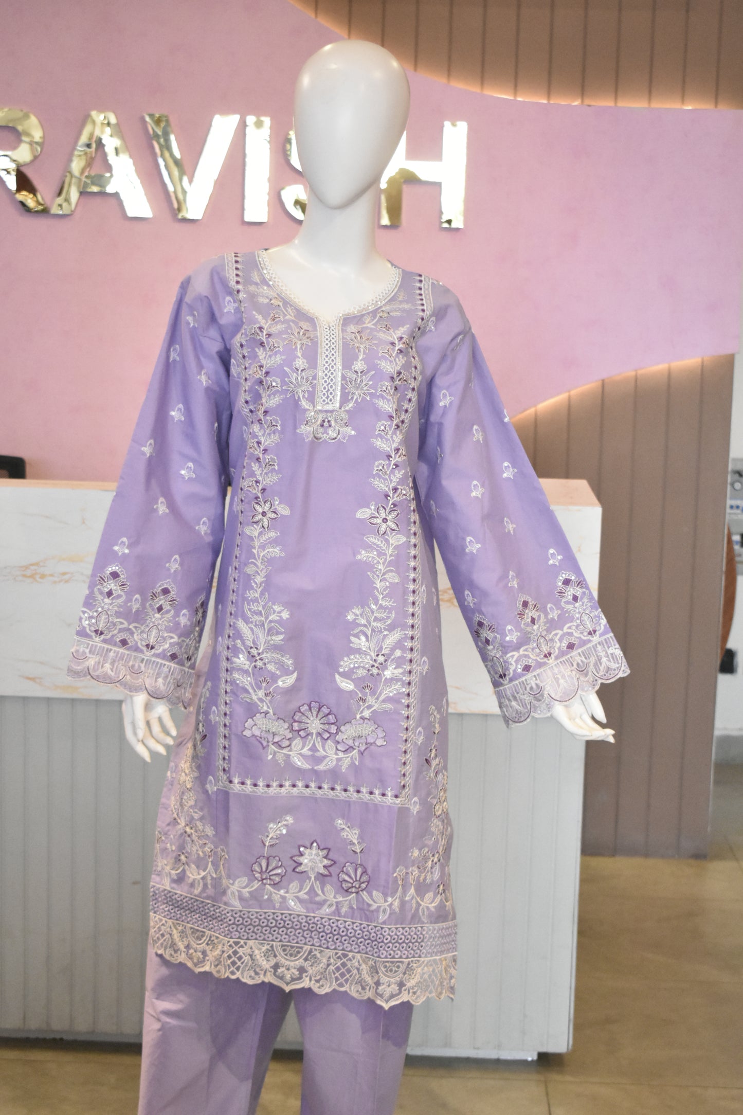 Charming Lilac Lavender Embroidered Cotton Suit with Delicate Lace Detailing