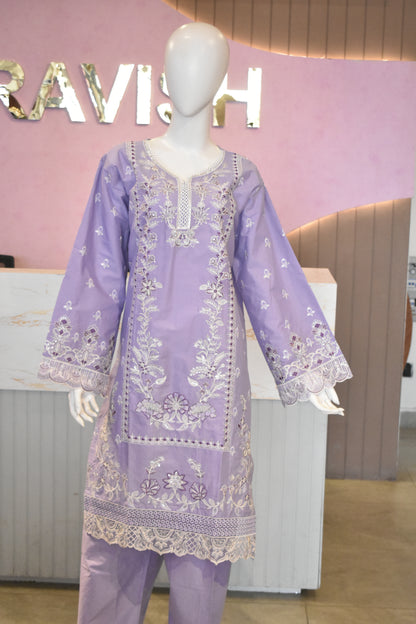 Charming Lilac Lavender Embroidered Cotton Suit with Delicate Lace Detailing