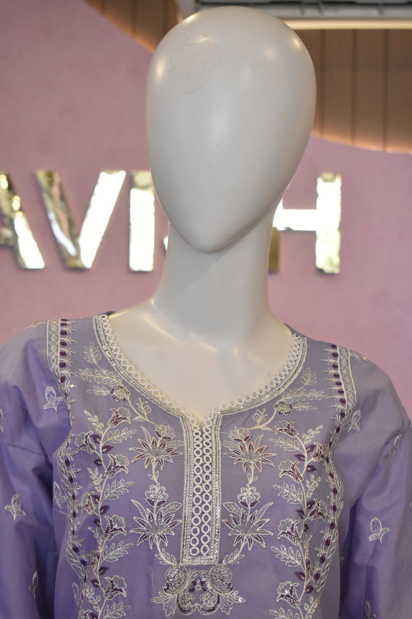 Charming Lilac Lavender Embroidered Cotton Suit with Delicate Lace Detailing