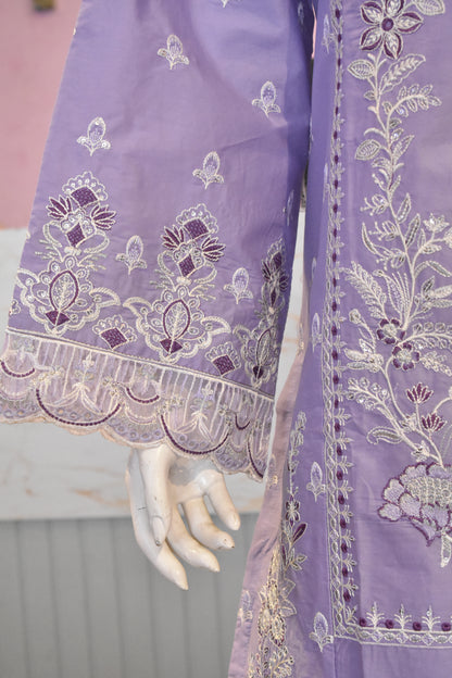Charming Lilac Lavender Embroidered Cotton Suit with Delicate Lace Detailing