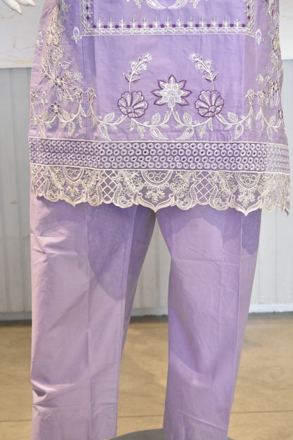 Charming Lilac Lavender Embroidered Cotton Suit with Delicate Lace Detailing