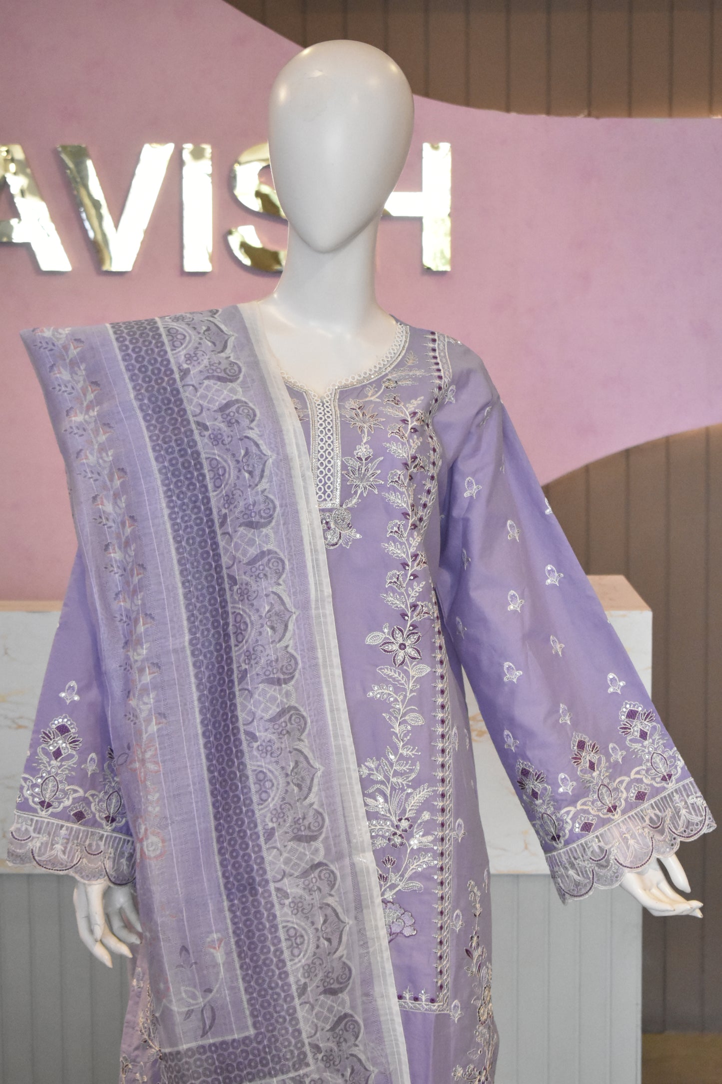 Charming Lilac Lavender Embroidered Cotton Suit with Delicate Lace Detailing