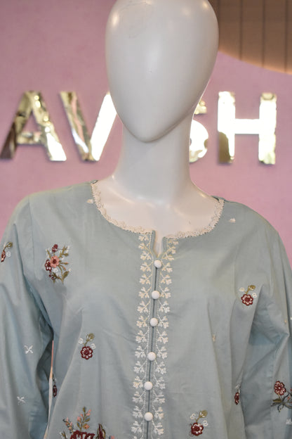Serene Mint & Cream Embroidered 2-Piece Cotton Lawn Suit
