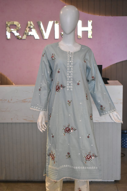 Serene Mint & Cream Embroidered 2-Piece Cotton Lawn Suit
