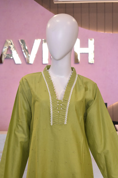 Fresh Lime Green Embroidered 2-Piece Cotton Lawn Suit with Pearl Embellishments