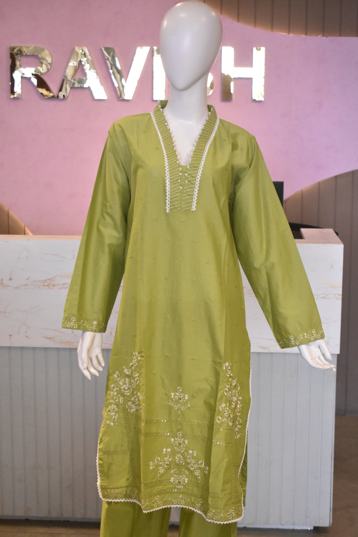 Fresh Lime Green Embroidered 2-Piece Cotton Lawn Suit with Pearl Embellishments