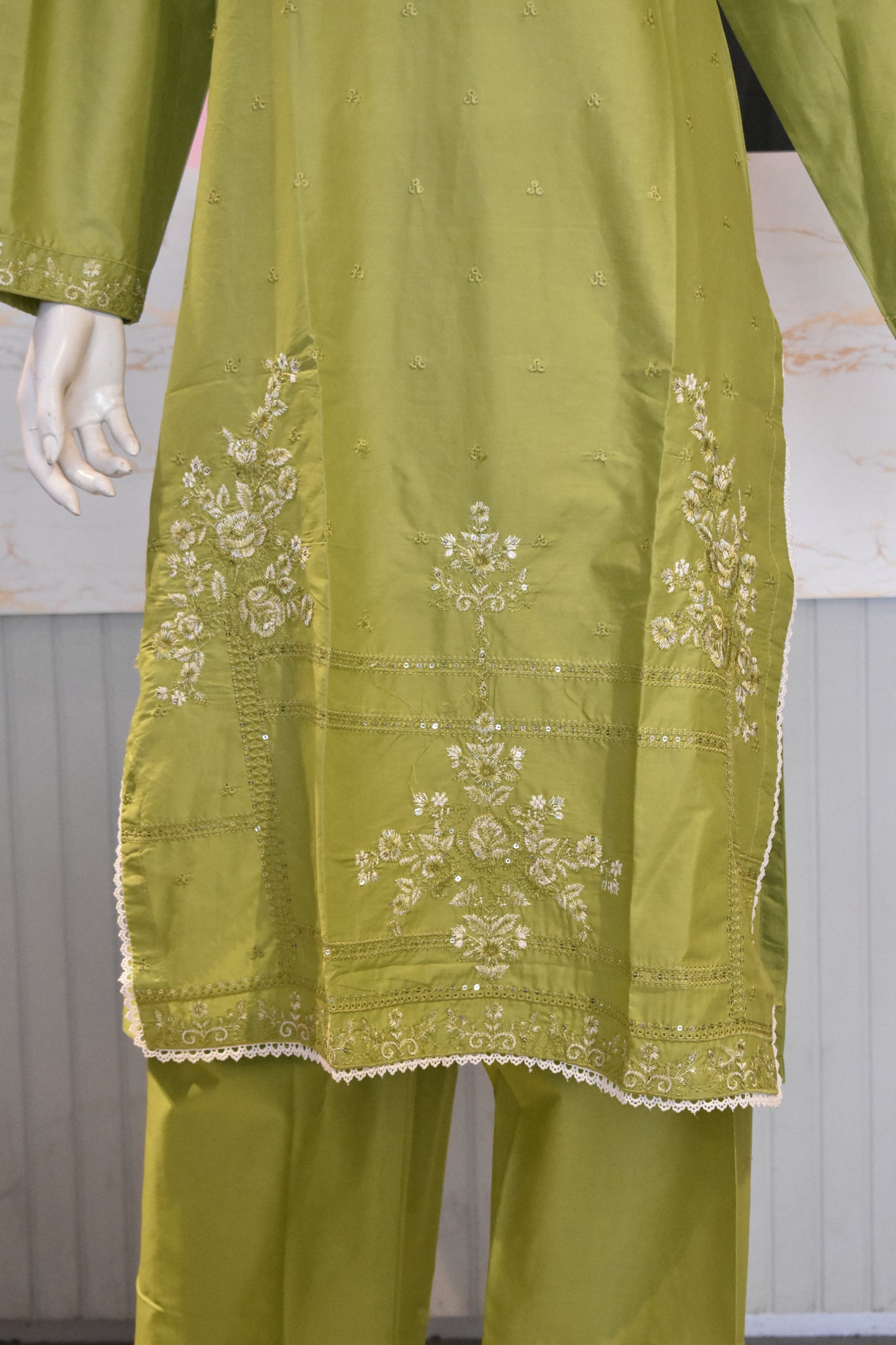 Fresh Lime Green Embroidered 2-Piece Cotton Lawn Suit with Pearl Embellishments