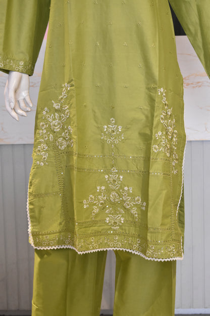 Fresh Lime Green Embroidered 2-Piece Cotton Lawn Suit with Pearl Embellishments