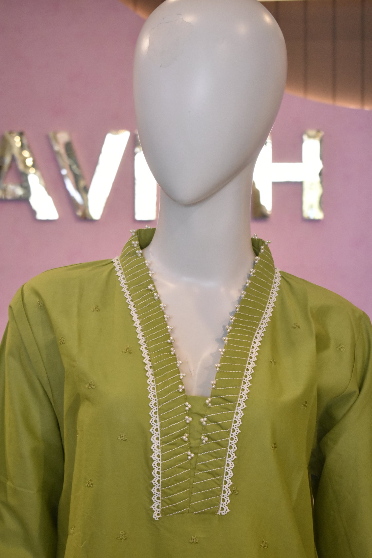 Fresh Lime Green Embroidered 2-Piece Cotton Lawn Suit with Pearl Embellishments