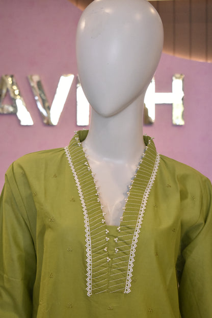 Fresh Lime Green Embroidered 2-Piece Cotton Lawn Suit with Pearl Embellishments