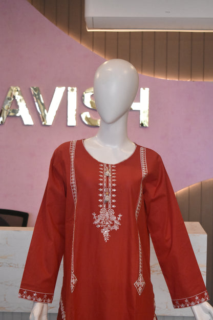 Crimson Rust Embroidered 2-Piece Cotton Lawn Suit with Tassel & Sequin Details