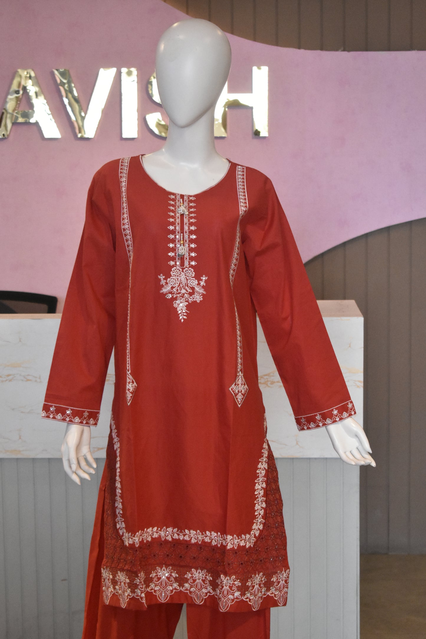 Crimson Rust Embroidered 2-Piece Cotton Lawn Suit with Tassel & Sequin Details