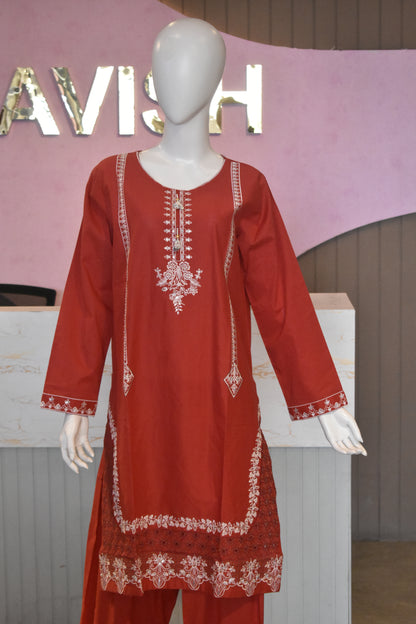 Crimson Rust Embroidered 2-Piece Cotton Lawn Suit with Tassel & Sequin Details