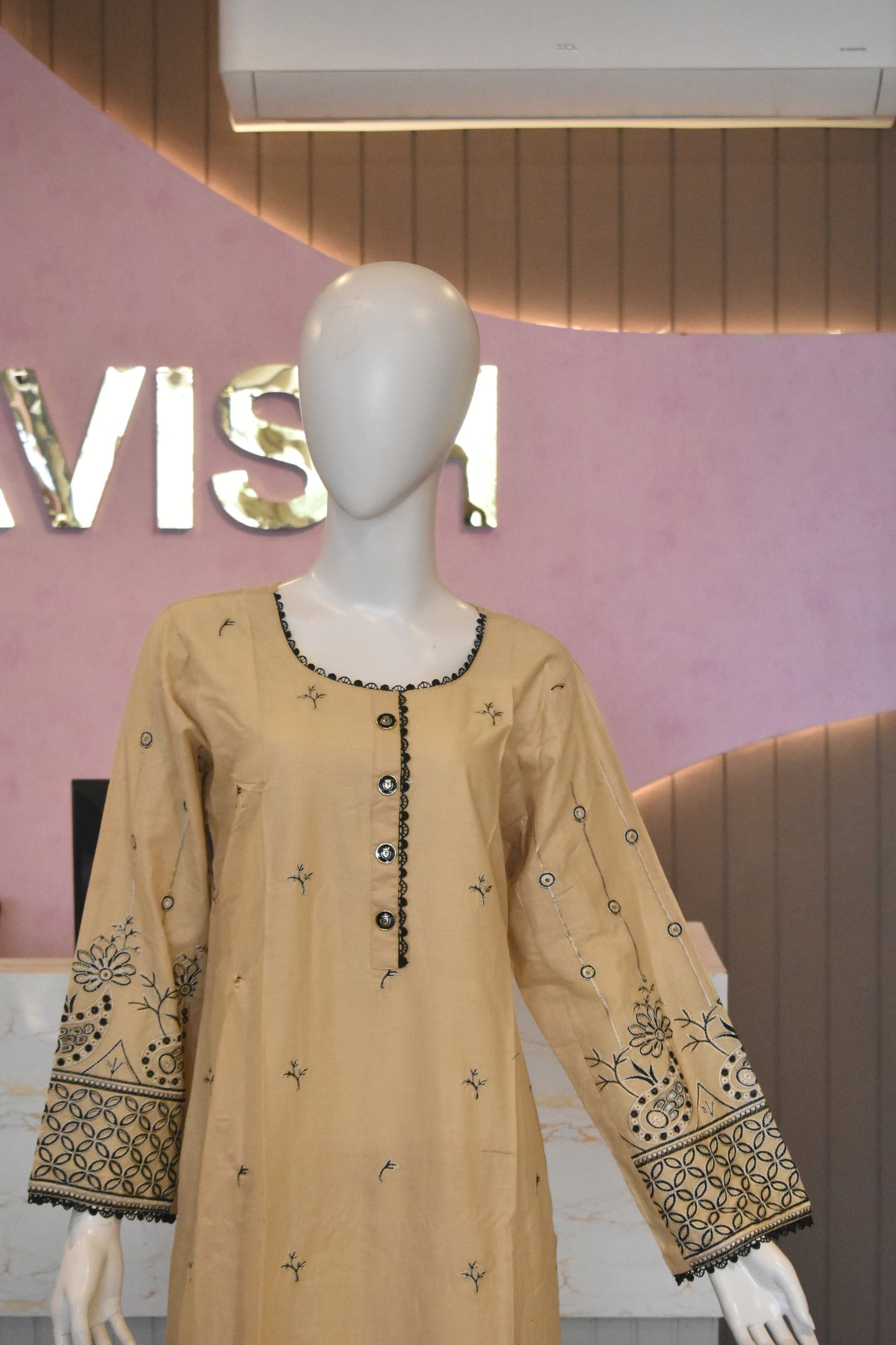 Earthes Beige & Charcoal Block-Print Style Embroidered 2-Piece Cotton Lawn Suit