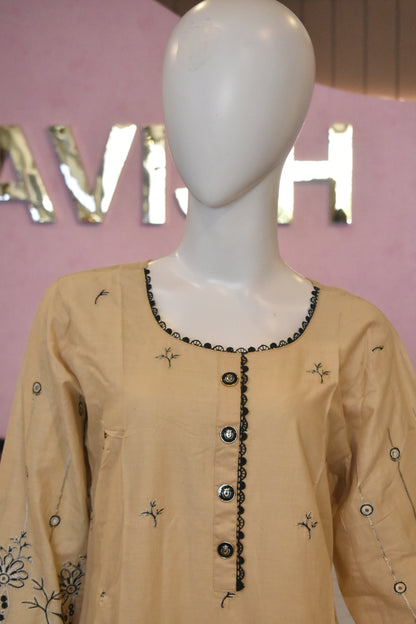 Earthes Beige & Charcoal Block-Print Style Embroidered 2-Piece Cotton Lawn Suit