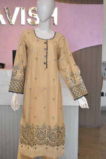 Earthes Beige & Charcoal Block-Print Style Embroidered 2-Piece Cotton Lawn Suit