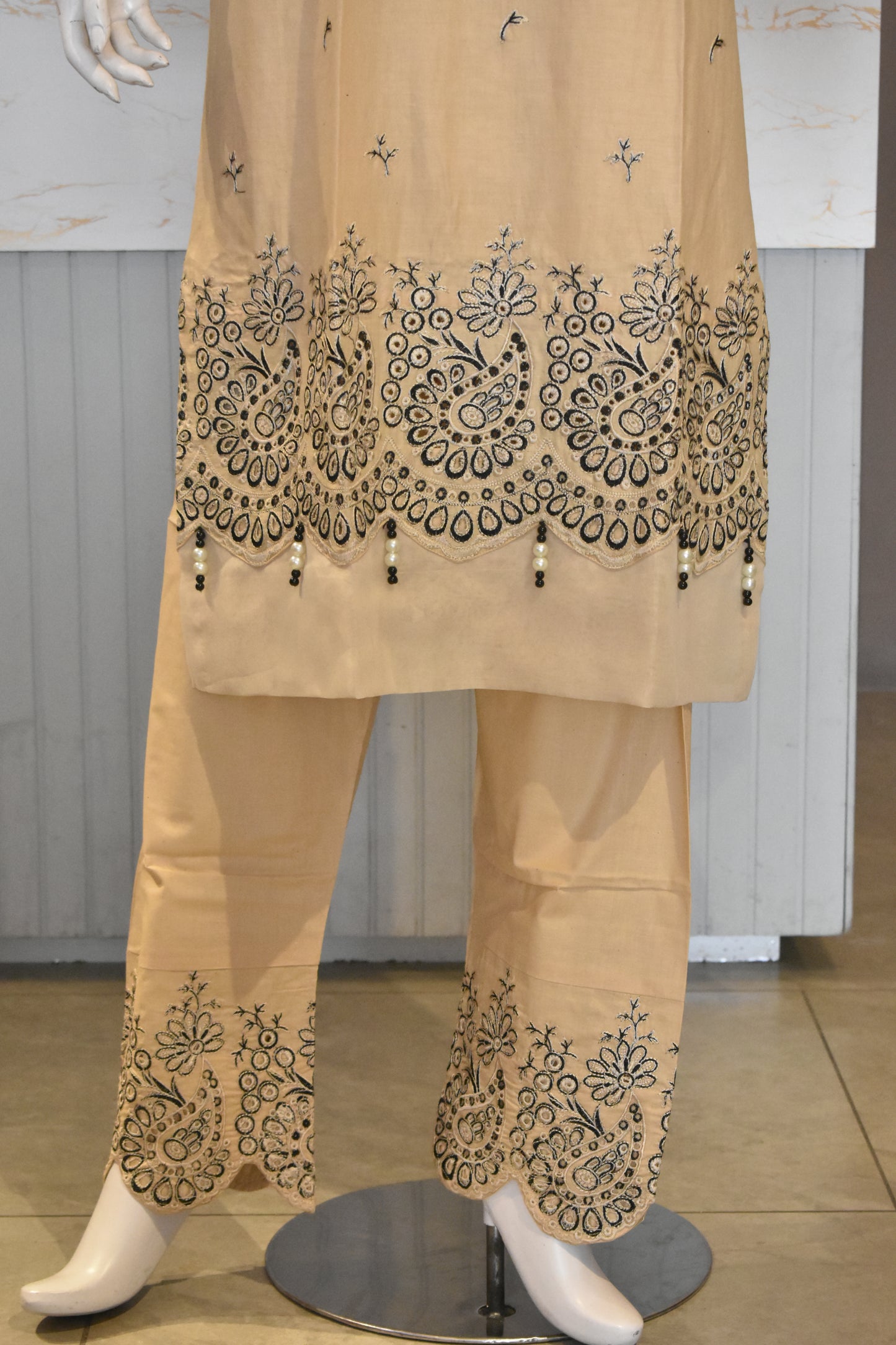 Earthes Beige & Charcoal Block-Print Style Embroidered 2-Piece Cotton Lawn Suit