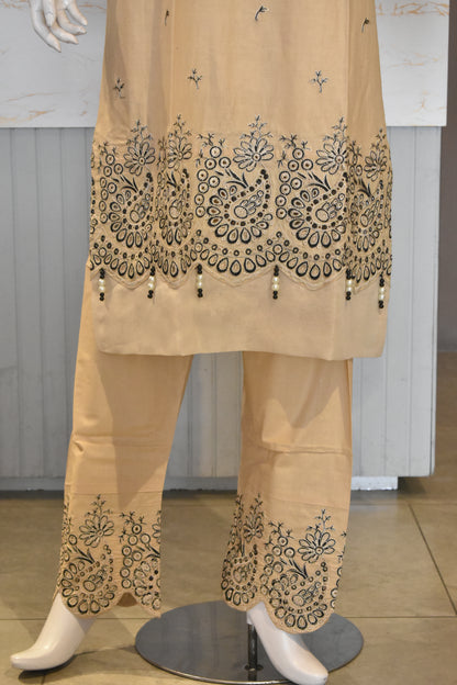 Earthes Beige & Charcoal Block-Print Style Embroidered 2-Piece Cotton Lawn Suit