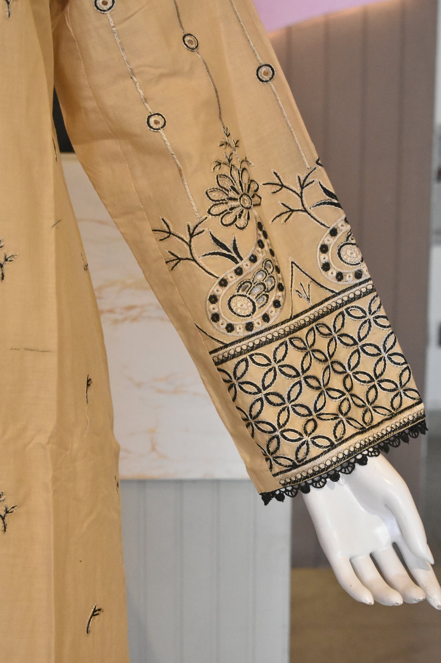 Earthes Beige & Charcoal Block-Print Style Embroidered 2-Piece Cotton Lawn Suit