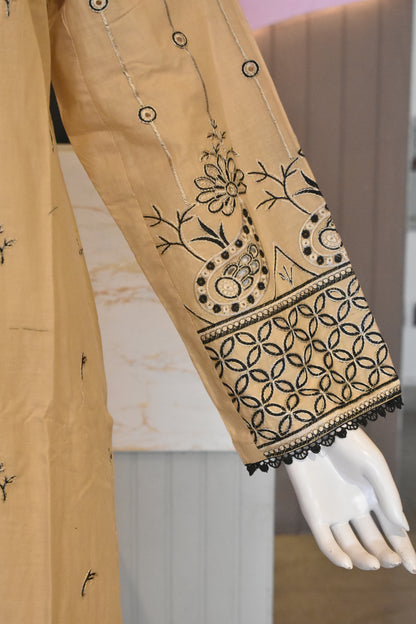 Earthes Beige & Charcoal Block-Print Style Embroidered 2-Piece Cotton Lawn Suit