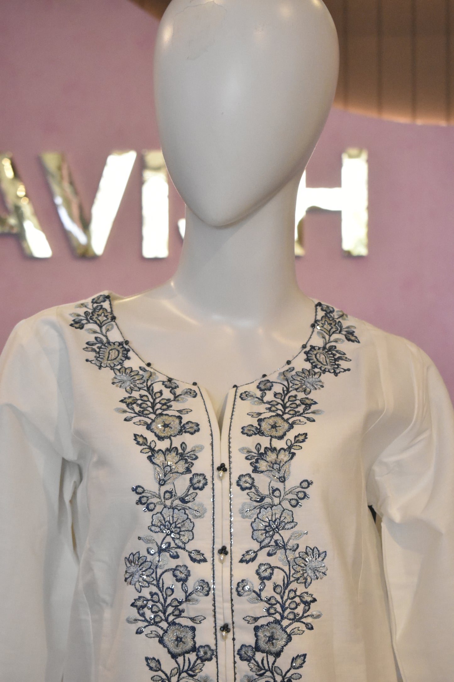 Prristine Off-White & Indigo Floral Embroidered 3-Piece Cotton Suit