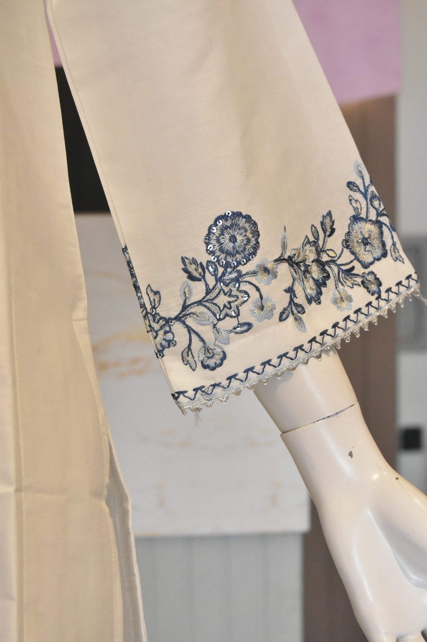Prristine Off-White & Indigo Floral Embroidered 3-Piece Cotton Suit