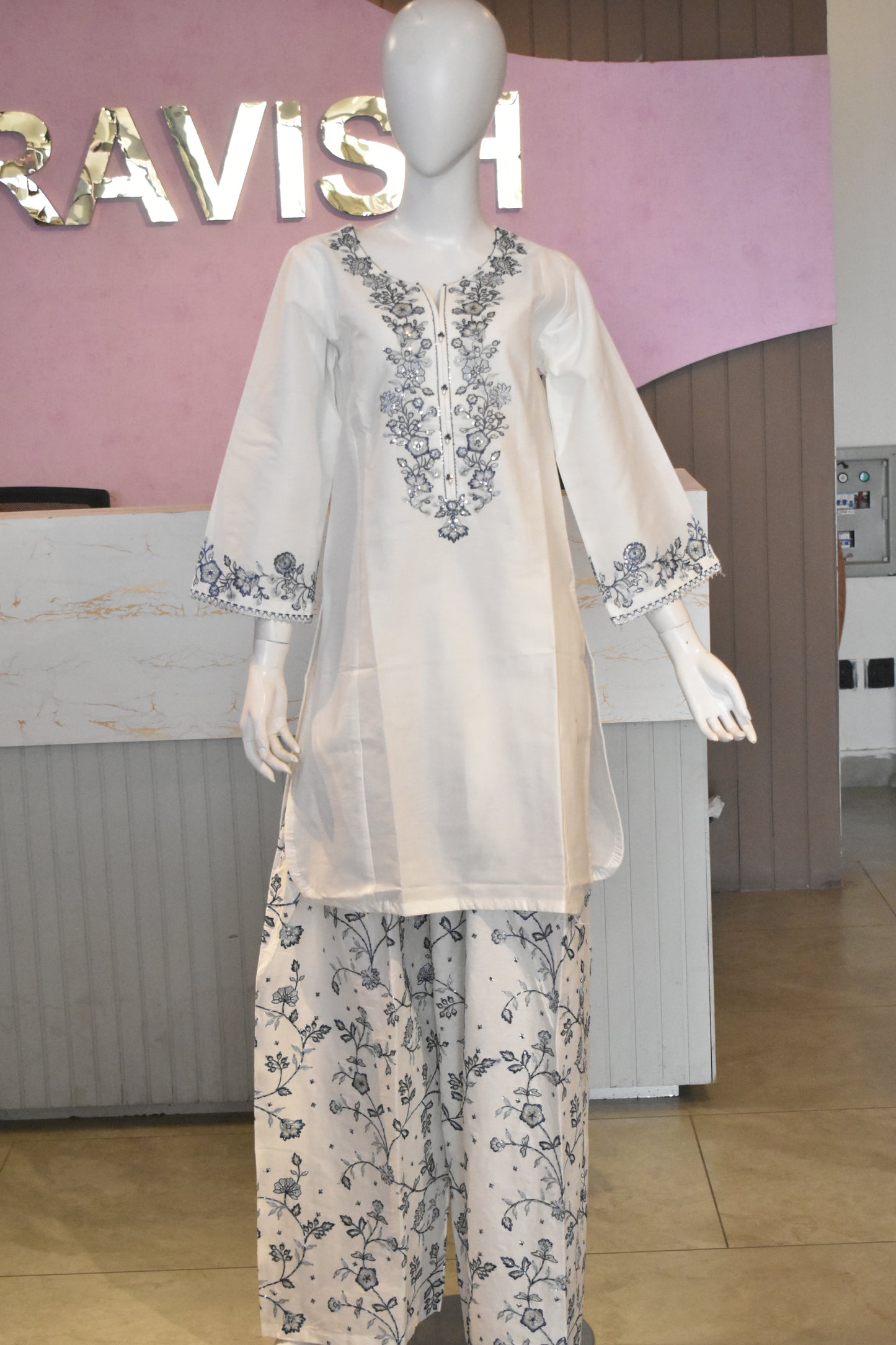 Prristine Off-White & Indigo Floral Embroidered 3-Piece Cotton Suit