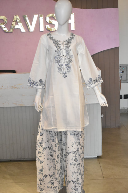 Prristine Off-White & Indigo Floral Embroidered 3-Piece Cotton Suit