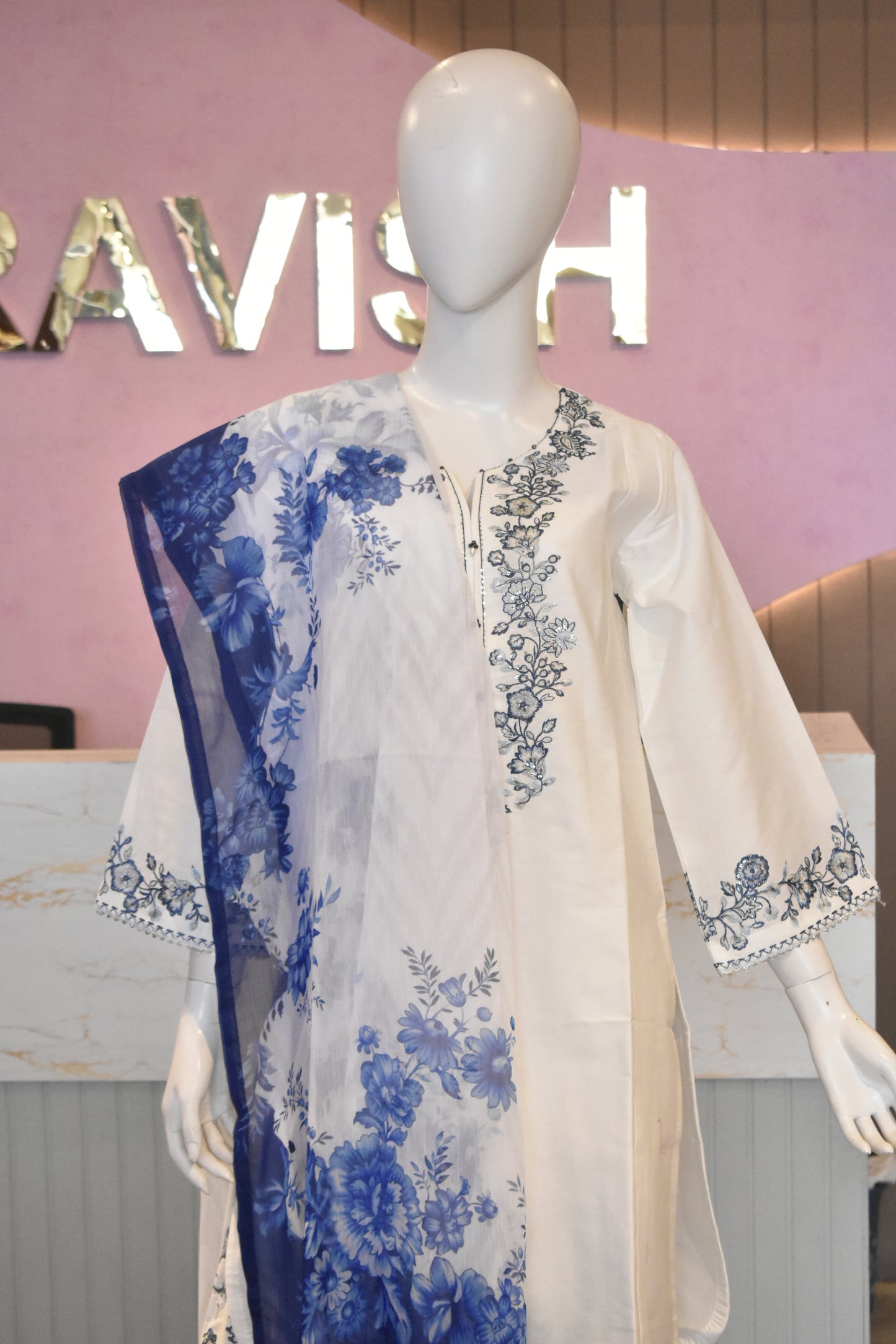 Prristine Off-White & Indigo Floral Embroidered 3-Piece Cotton Suit