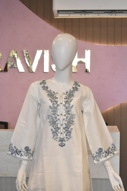 Prristine Off-White & Indigo Floral Embroidered 3-Piece Cotton Suit
