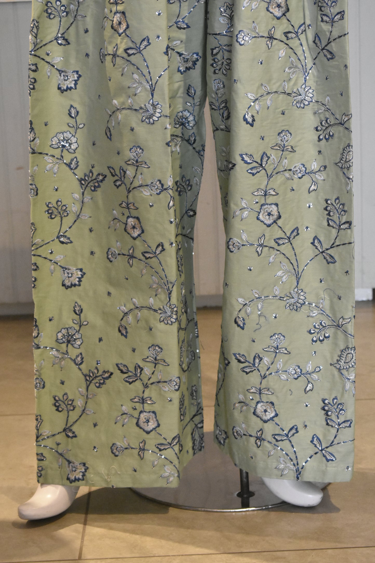 Serene Sage Green & Indigo Floral Embroidered 3-Piece Cotton Suit