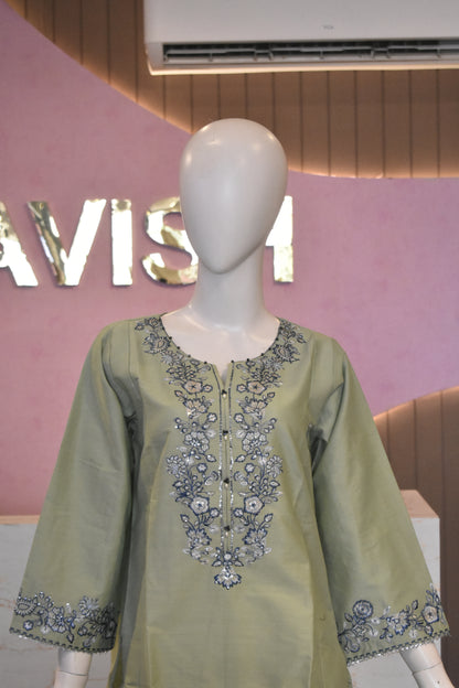 Serene Sage Green & Indigo Floral Embroidered 3-Piece Cotton Suit