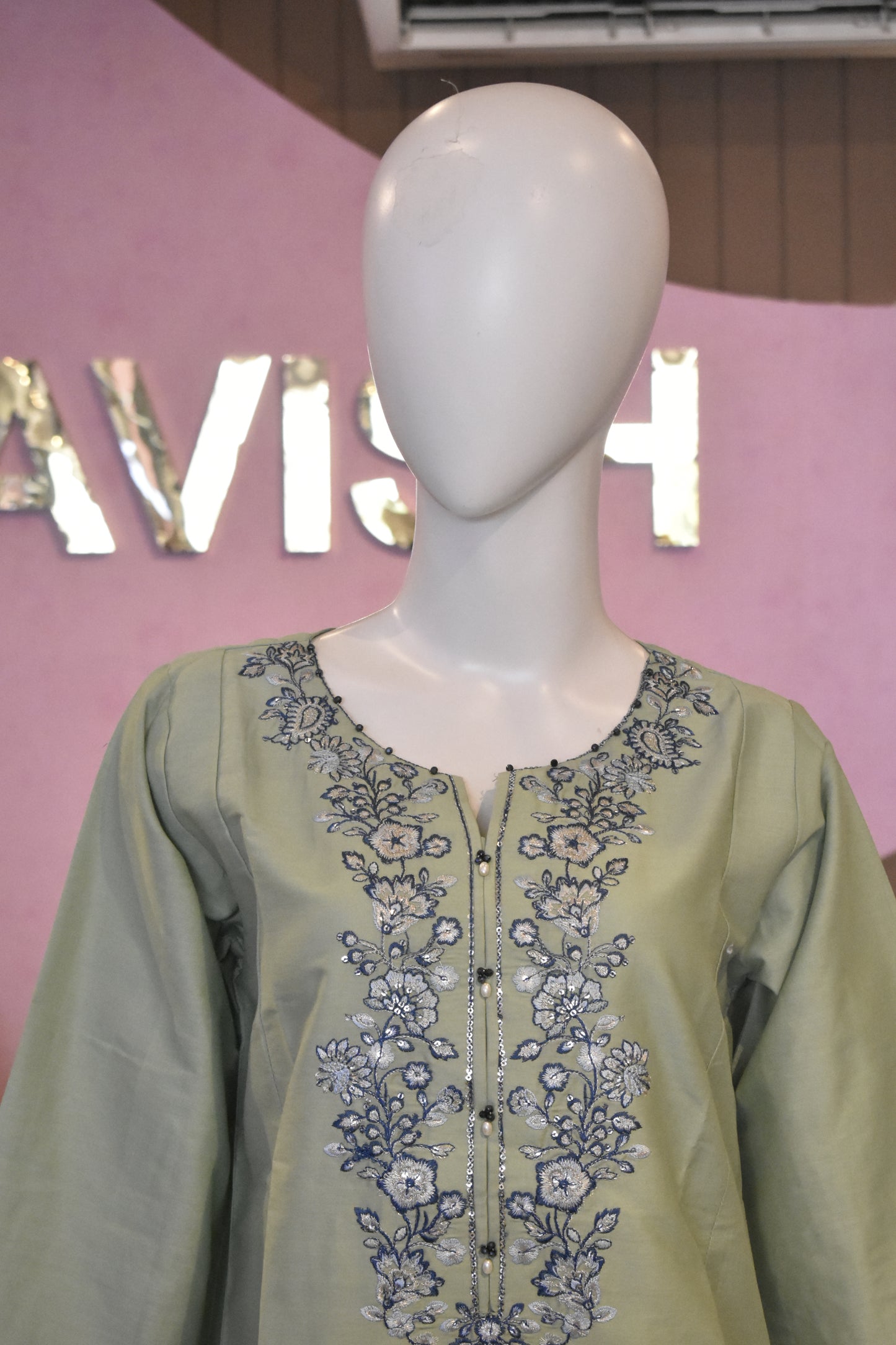 Serene Sage Green & Indigo Floral Embroidered 3-Piece Cotton Suit