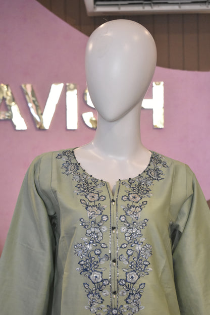 Serene Sage Green & Indigo Floral Embroidered 3-Piece Cotton Suit