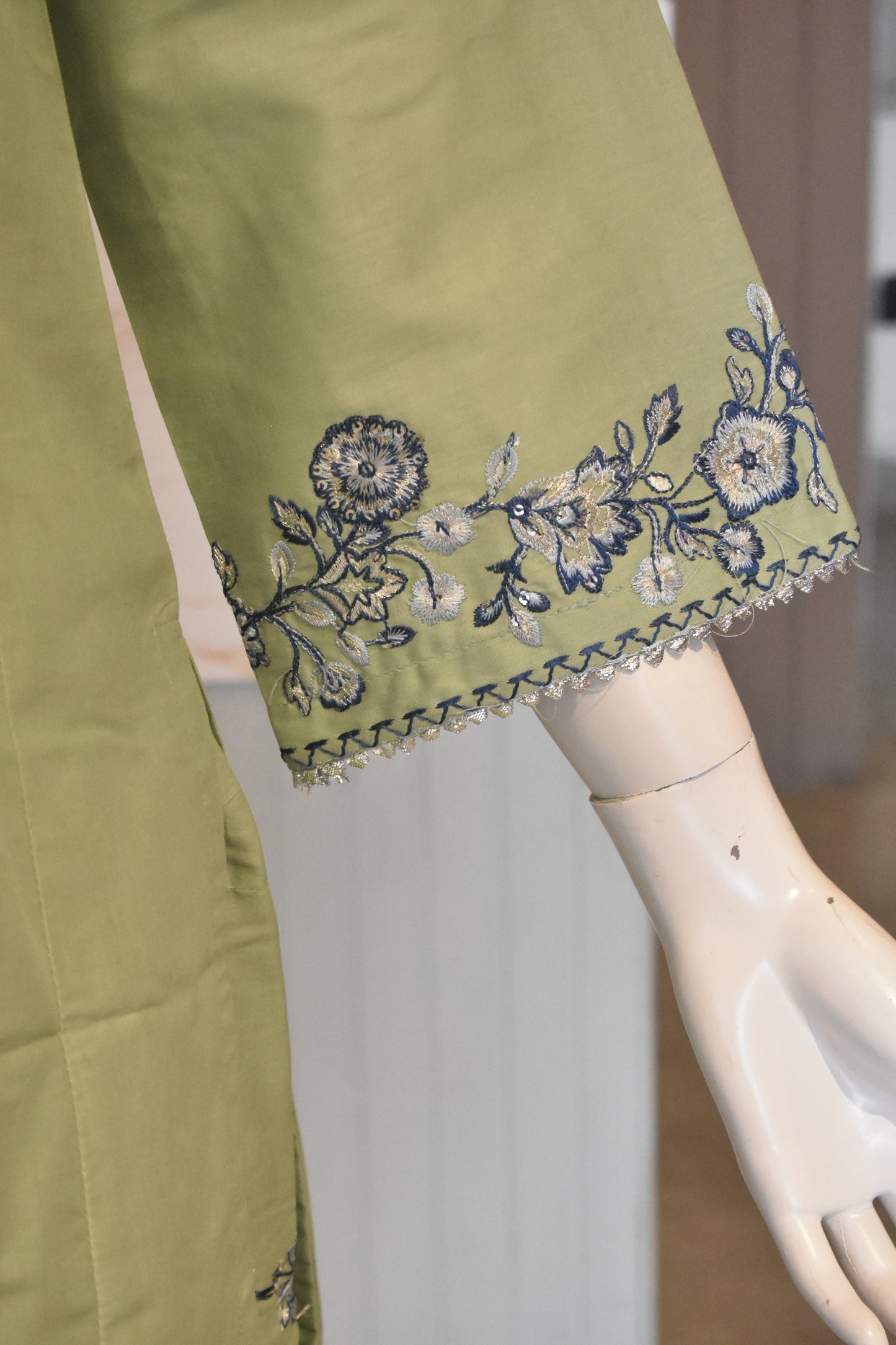 Serene Sage Green & Indigo Floral Embroidered 3-Piece Cotton Suit