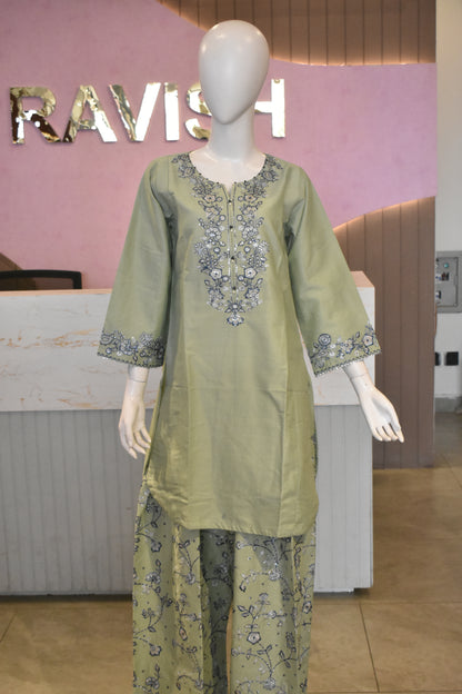 Serene Sage Green & Indigo Floral Embroidered 3-Piece Cotton Suit