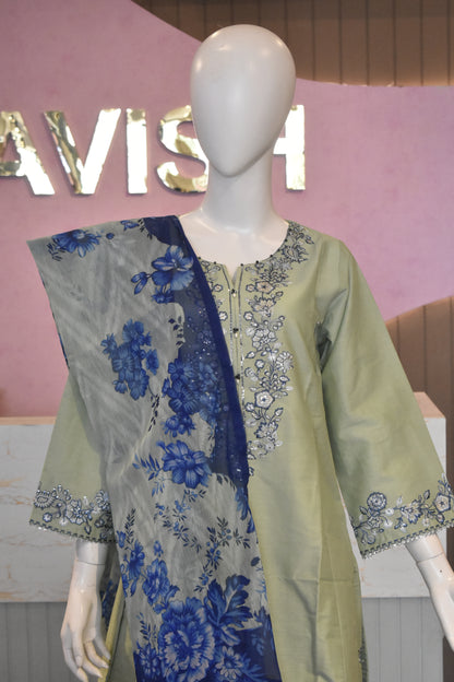 Serene Sage Green & Indigo Floral Embroidered 3-Piece Cotton Suit