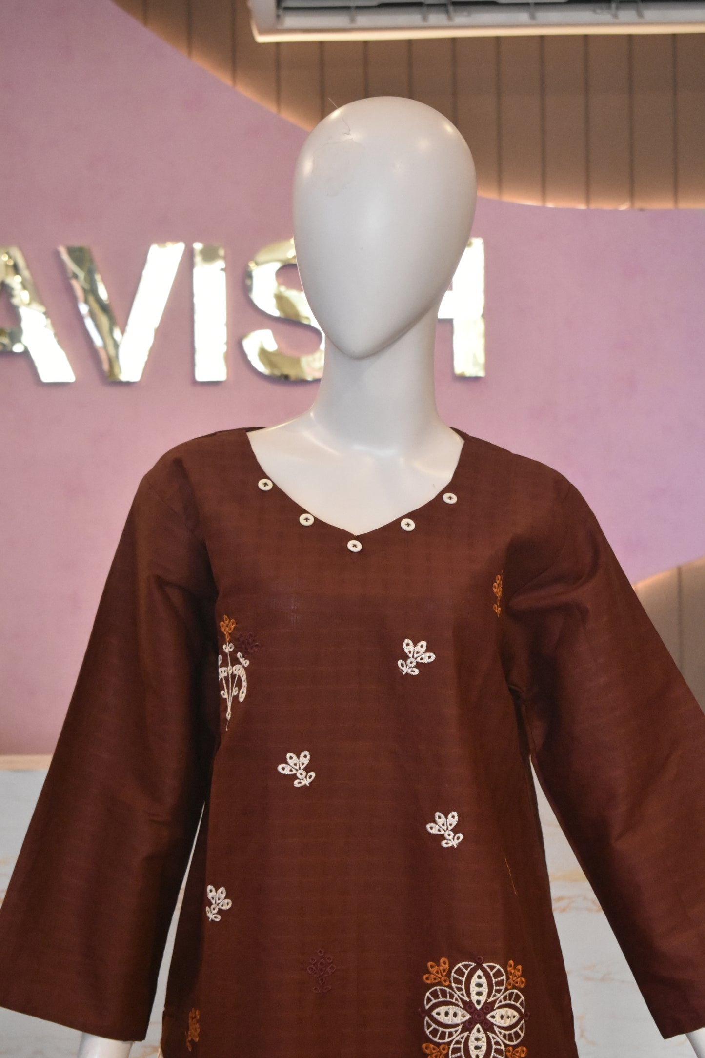 Rich Chocolate Brown Embroidered 2-Piece Cotton Lawn Suit with Scalloped Cutwork Border