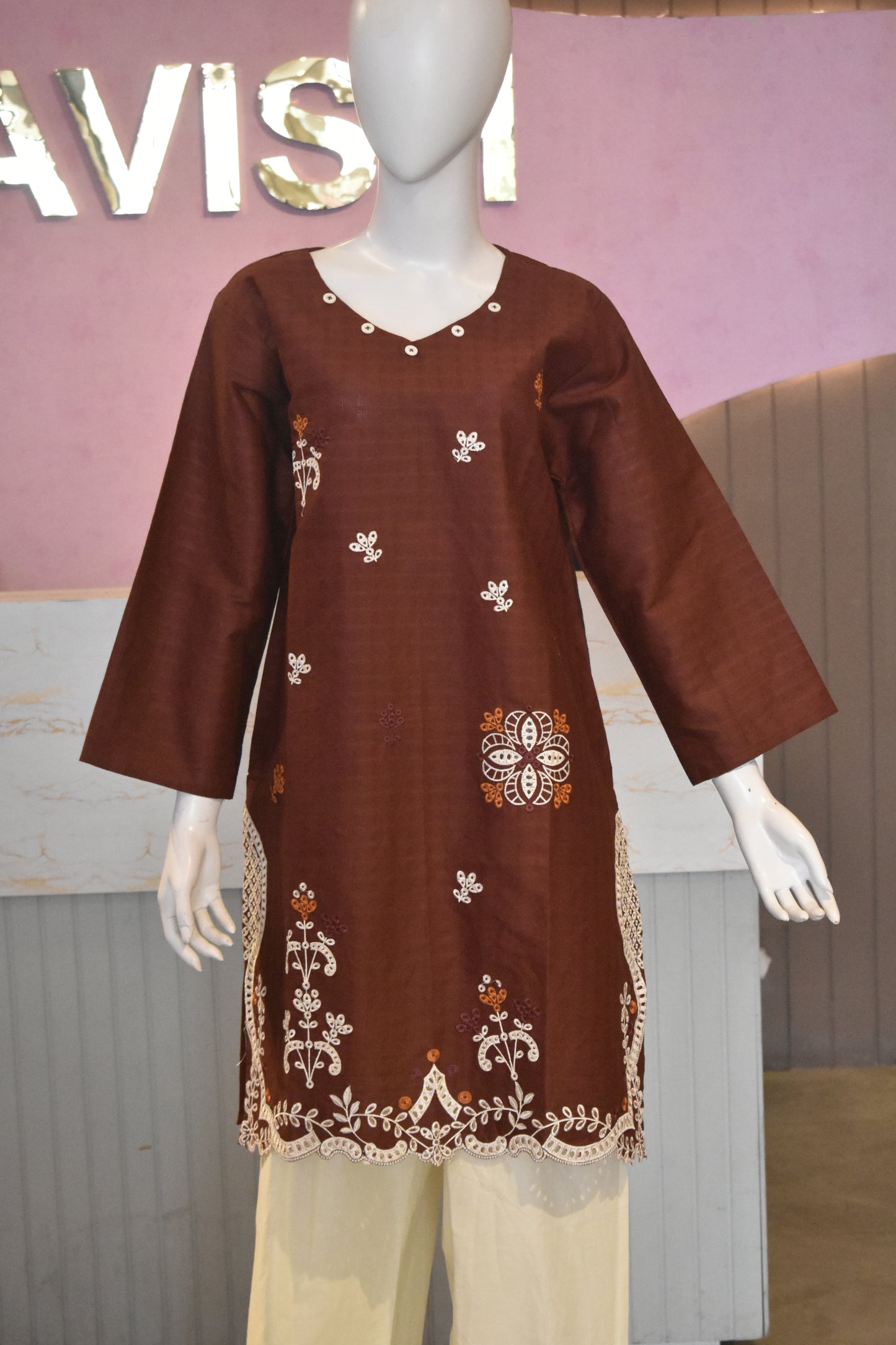 Rich Chocolate Brown Embroidered 2-Piece Cotton Lawn Suit with Scalloped Cutwork Border